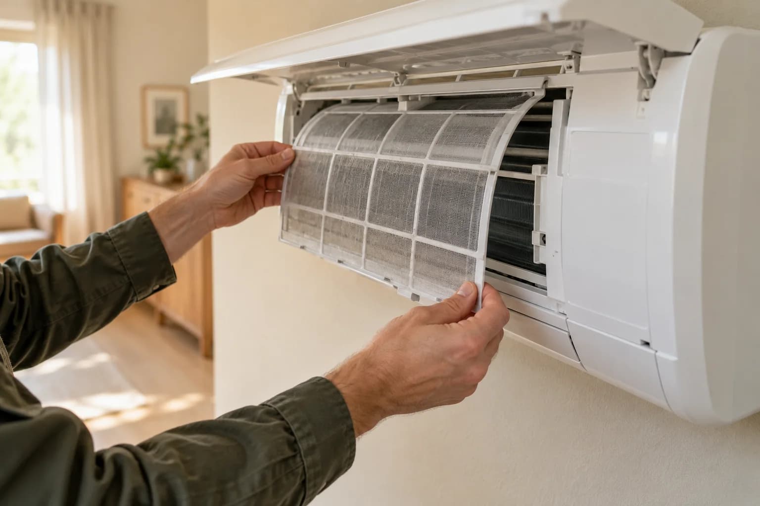 Illustrasjon av rengjøring av filteret i en varmepumpe